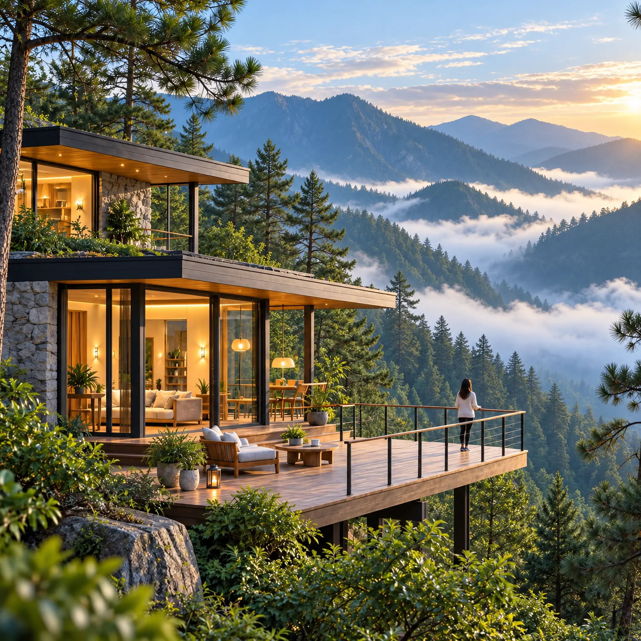 松林和晨雾之间的山间小屋与露台