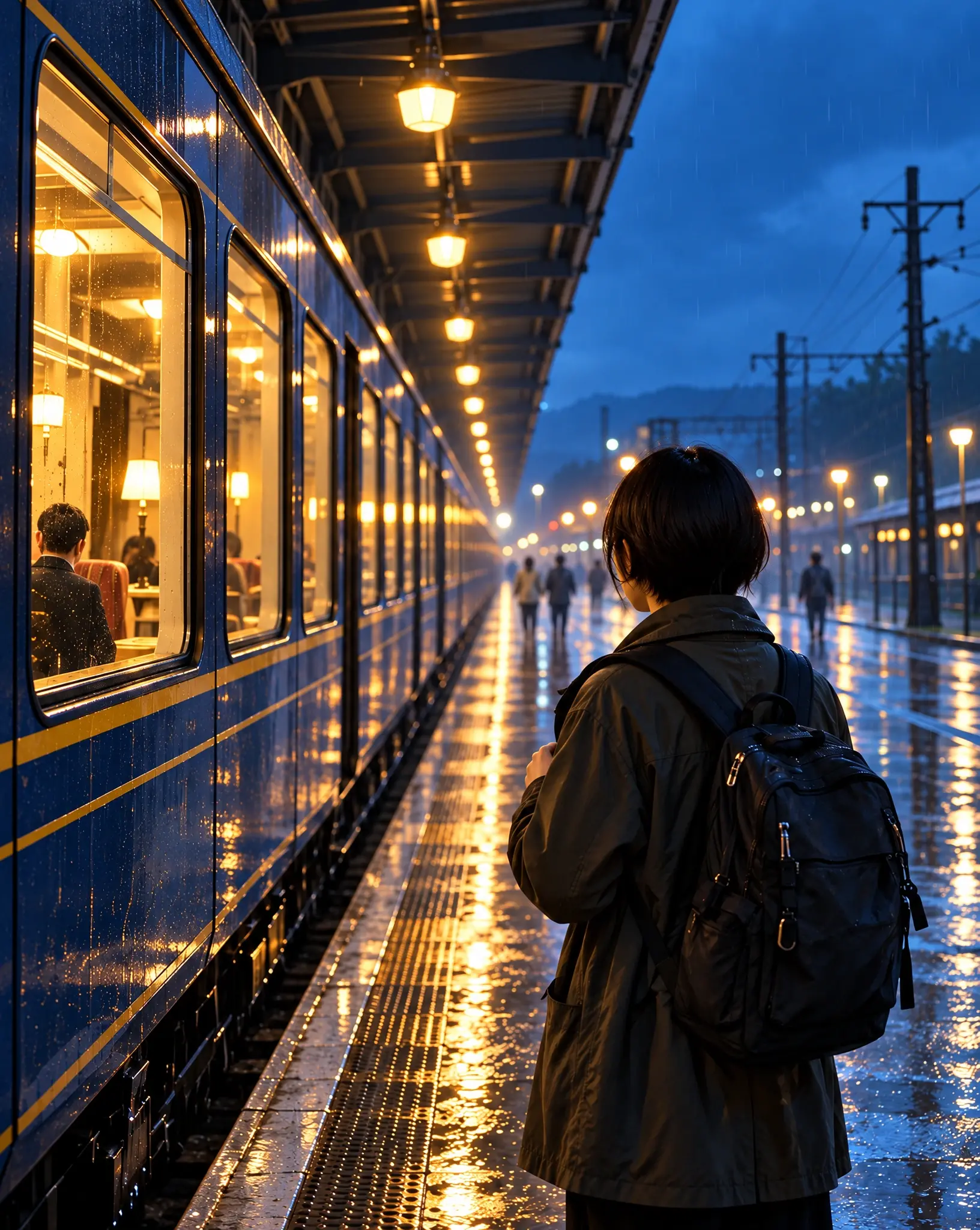 雨夜车站，背着背包的旅人站在暖光列车旁