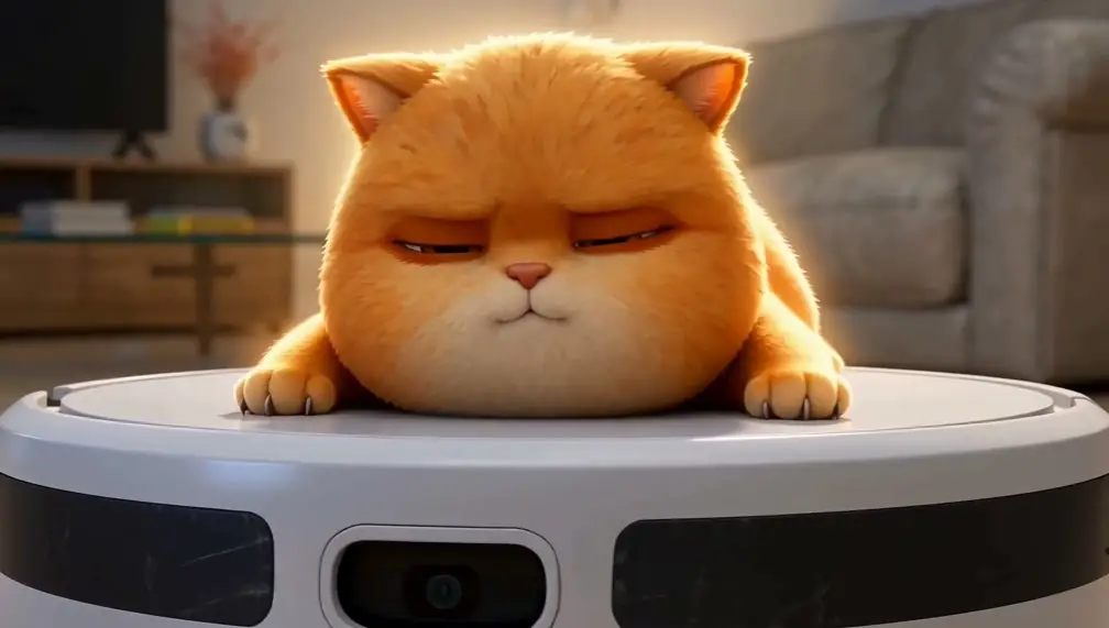 圆滚滚的橘猫坐在白色扫地机器人上，准备巡视客厅